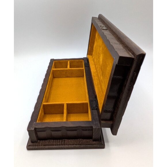 Apex VTG Wooden Rectangle Jewelry Box Gold Velvet Hinged Hammered Japan 12x5 - Picture 5 of 11